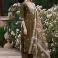 Olive Green Embroidered Straight Cut Salwar Suit with Floral Dupatta - Mangaldeep NX