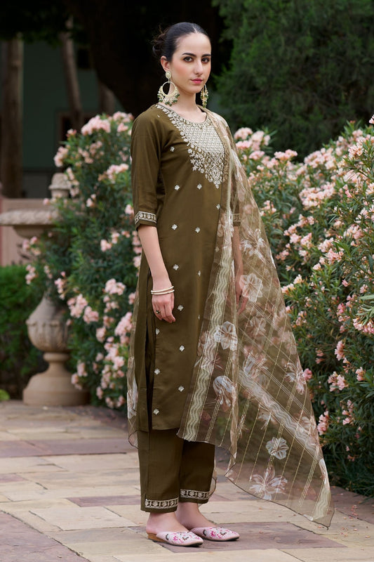 Olive Green Embroidered Straight Cut Salwar Suit with Floral Dupatta - Mangaldeep NX