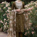 Olive Green Embroidered Straight Cut Salwar Suit with Floral Dupatta - Mangaldeep NX