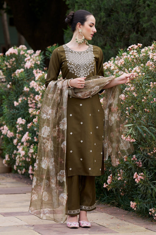 Olive Green Embroidered Straight Cut Salwar Suit with Floral Dupatta - Mangaldeep NX