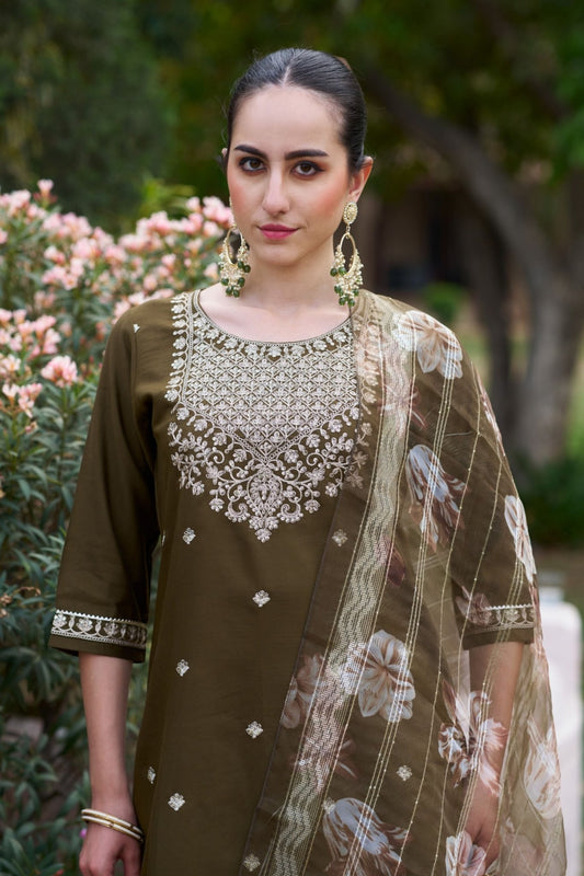 Olive Green Embroidered Straight Cut Salwar Suit with Floral Dupatta - Mangaldeep NX