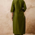 Olive Green Embroidered Straight Salwar Suit with Floral Dupatta - Mangaldeep NX
