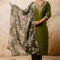 Olive Green Embroidered Straight Salwar Suit with Floral Dupatta - Mangaldeep NX