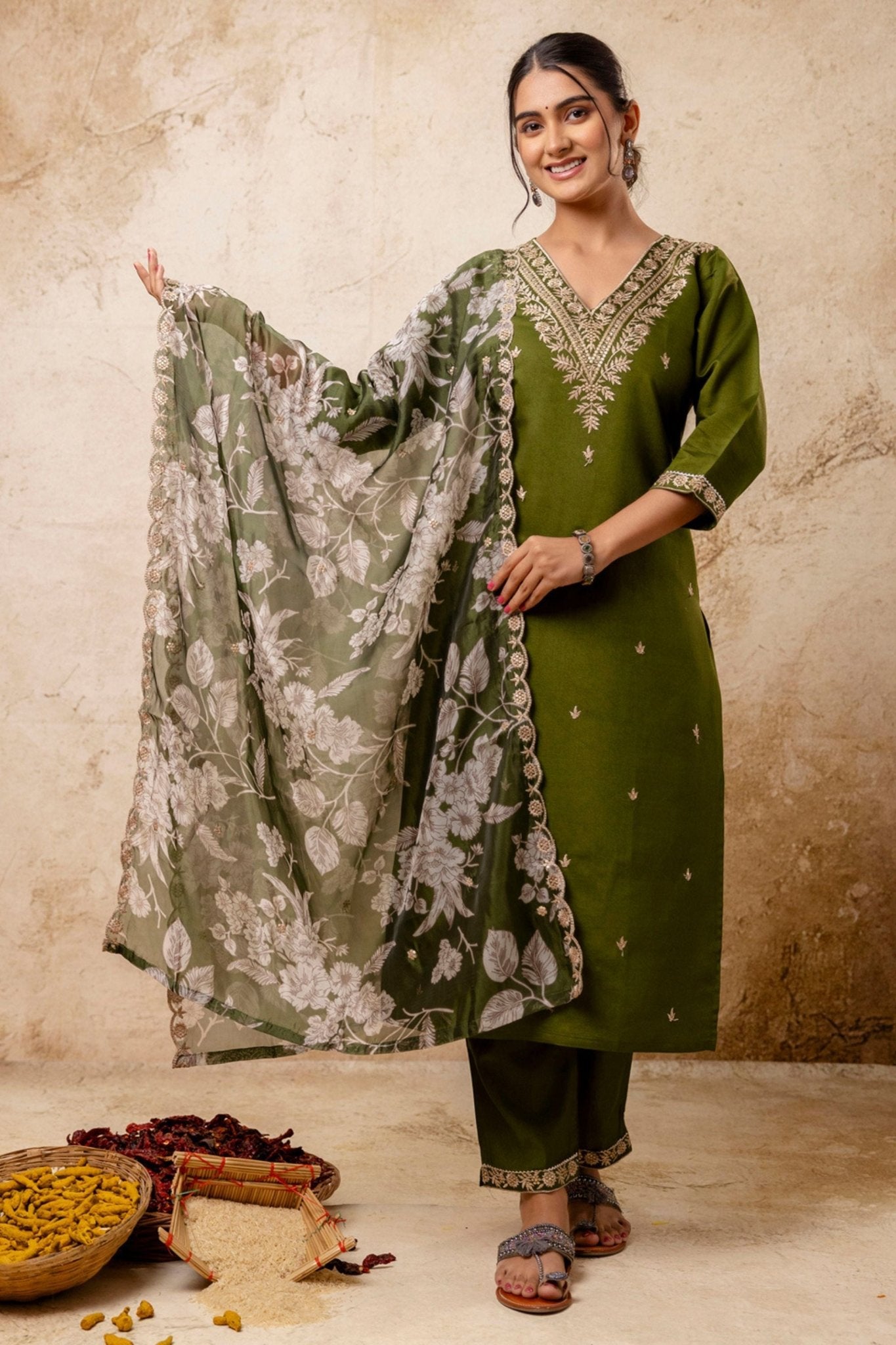 Olive Green Embroidered Straight Salwar Suit with Floral Dupatta - Mangaldeep NX