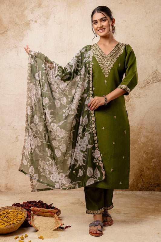Olive Green Embroidered Straight Salwar Suit with Floral Dupatta - Mangaldeep NX