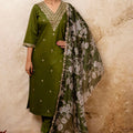 Olive Green Embroidered Straight Salwar Suit with Floral Dupatta - Mangaldeep NX