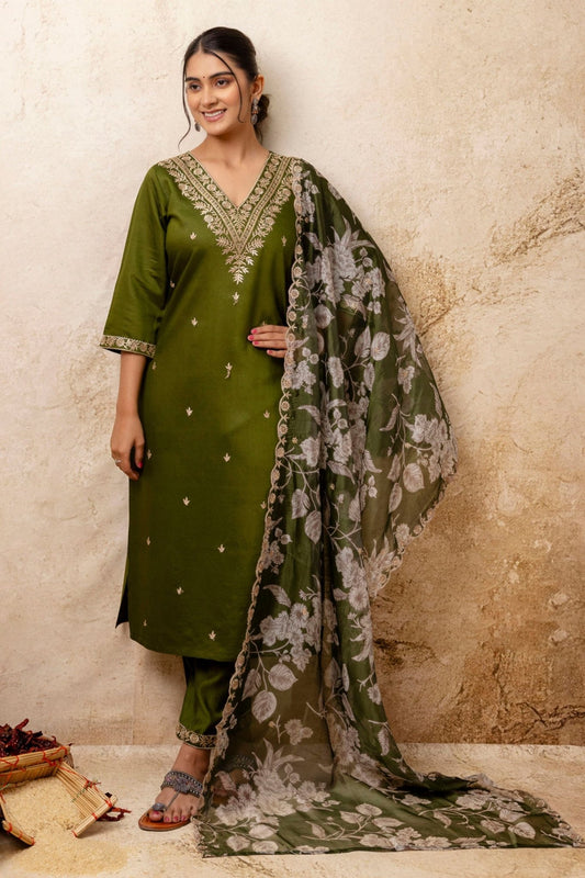 Olive Green Embroidered Straight Salwar Suit with Floral Dupatta - Mangaldeep NX