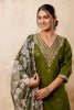 Olive Green Embroidered Straight Salwar Suit with Floral Dupatta - Mangaldeep NX