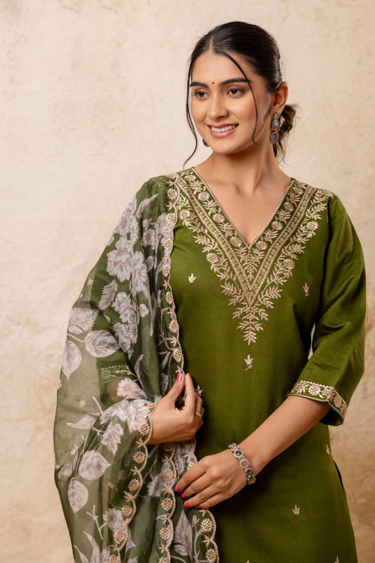 Olive Green Embroidered Straight Salwar Suit with Floral Dupatta - Mangaldeep NX