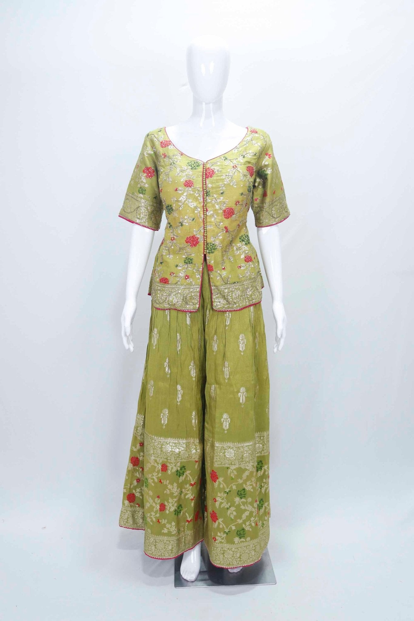 Olive Green Floral Embroidered Kurta Set with Zari Work Dupatta and Palazzo Pant - Mangaldeep NX