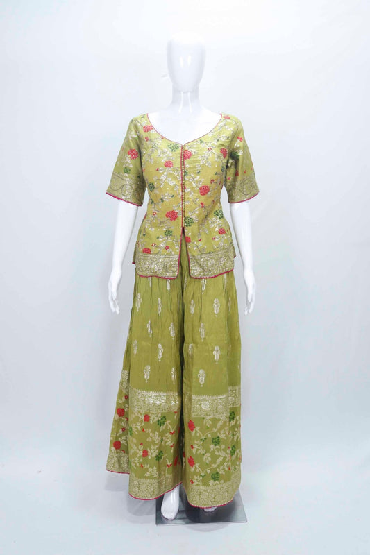 Olive Green Floral Embroidered Kurta Set with Zari Work Dupatta and Palazzo Pant - Mangaldeep NX