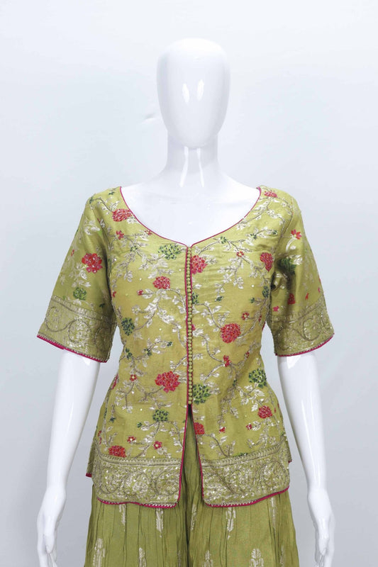 Olive Green Floral Embroidered Kurta Set with Zari Work Dupatta and Palazzo Pant - Mangaldeep NX