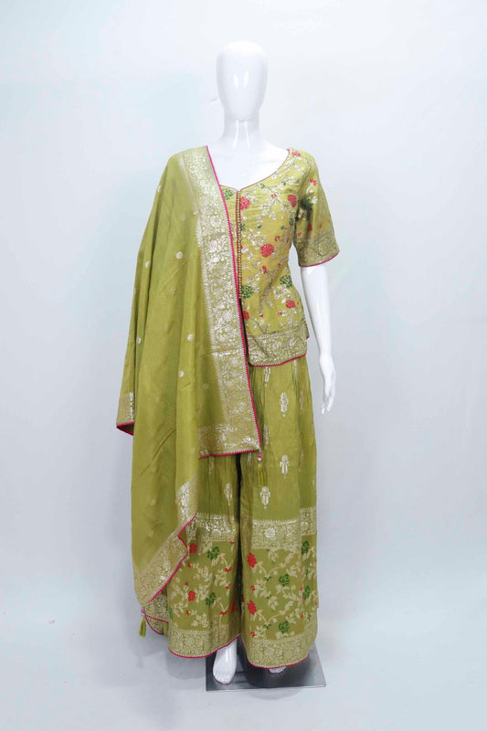 Olive Green Floral Embroidered Kurta Set with Zari Work Dupatta and Palazzo Pant - Mangaldeep NX