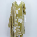 Olive Green Floral Printed Cotton Suit Set with Dupatta - Mangaldeep NX