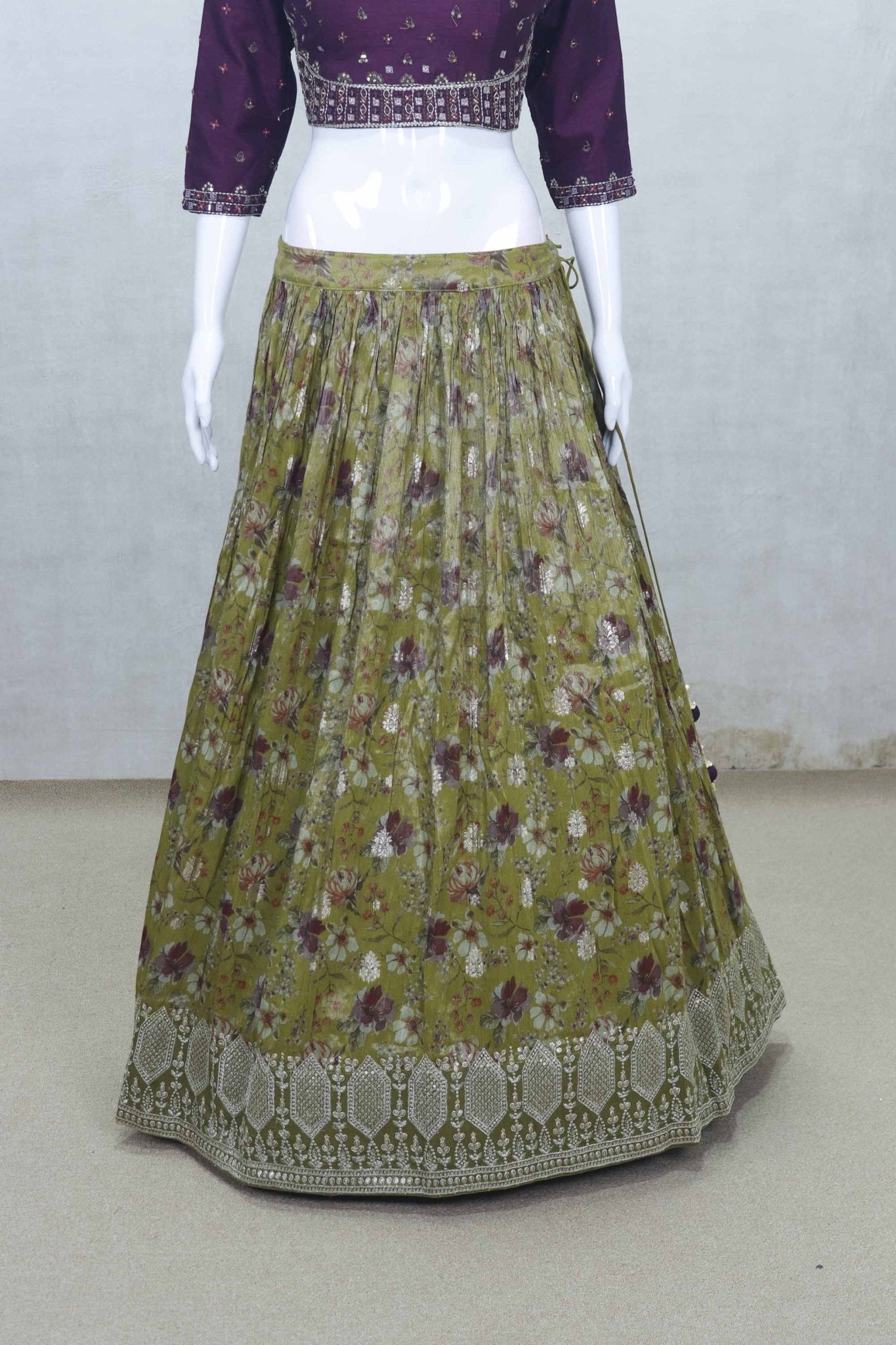 Olive Green Floral Printed Lehenga Choli Set with Embroidered Maroon Blouse - Mangaldeep NX