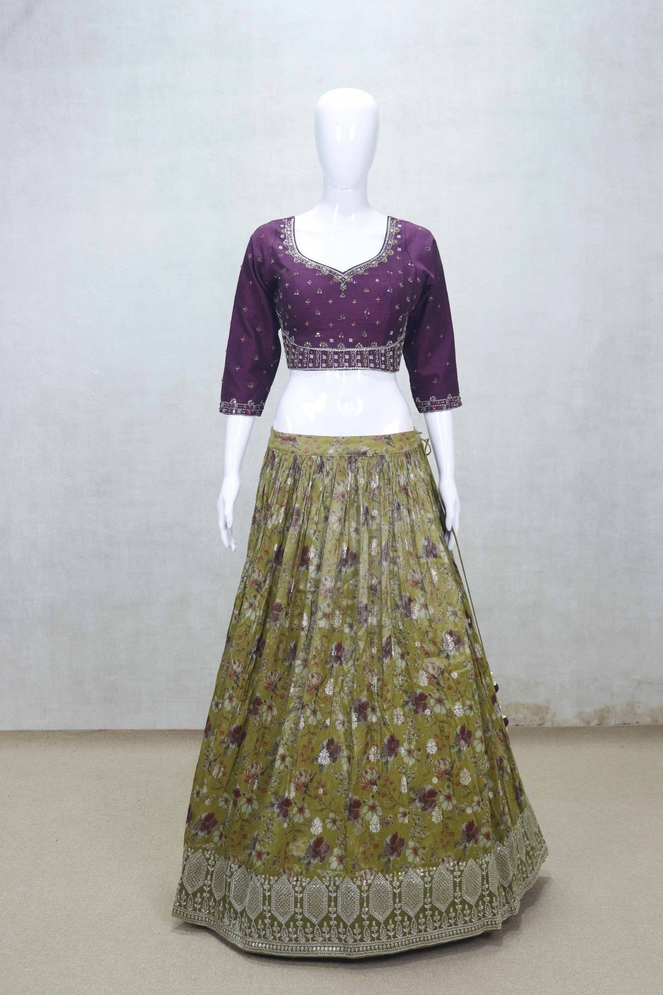 Olive Green Floral Printed Lehenga Choli Set with Embroidered Maroon Blouse - Mangaldeep NX