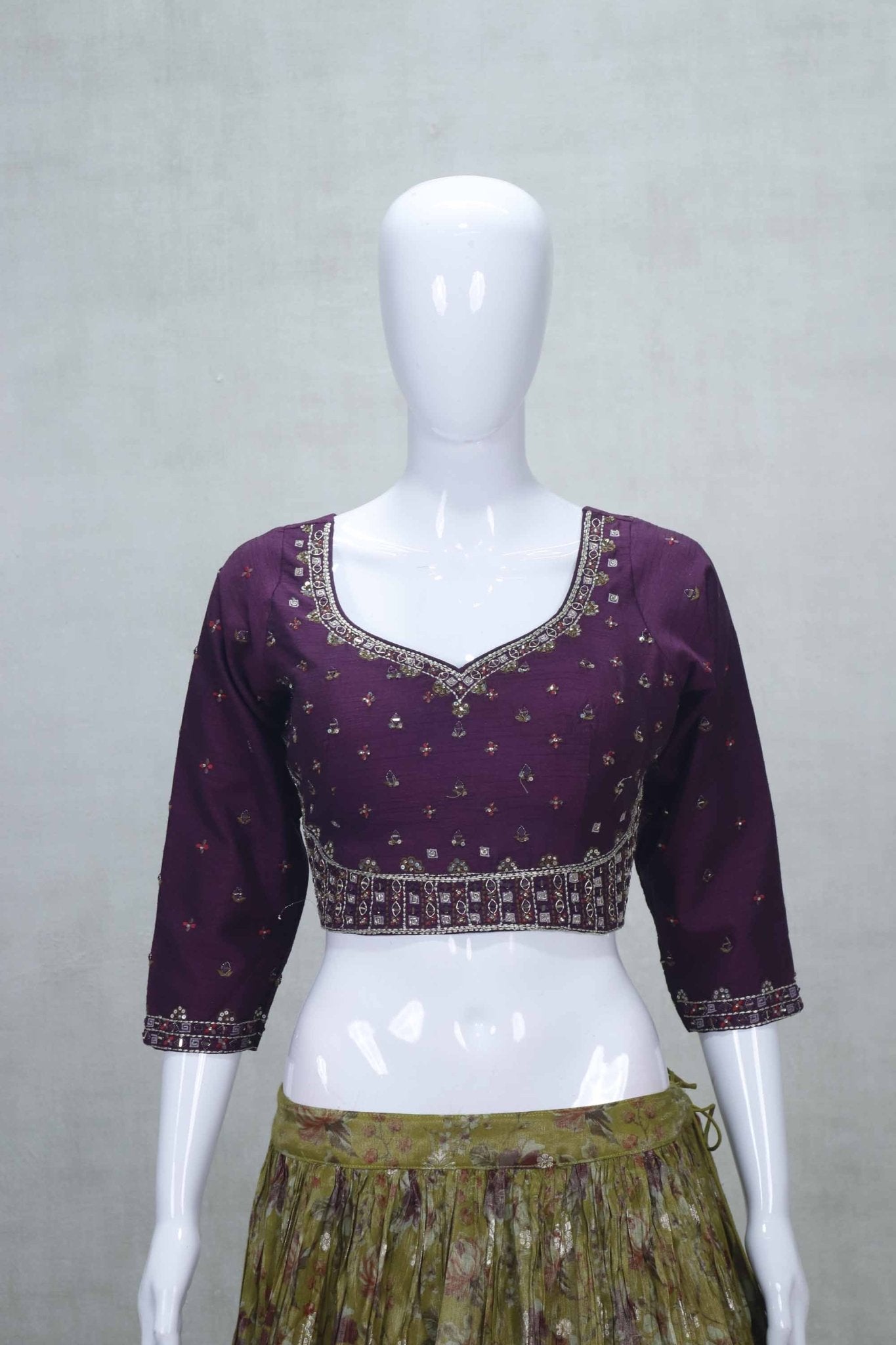 Olive Green Floral Printed Lehenga Choli Set with Embroidered Maroon Blouse - Mangaldeep NX