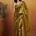 Olive Green Satin Saree with Mirror Work Floral Border and Unstitched Blouse Piece - Mangaldeep NX