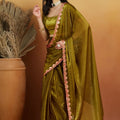 Olive Green Satin Saree with Mirror Work Floral Border and Unstitched Blouse Piece - Mangaldeep NX