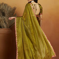 Olive Green Satin Saree with Mirror Work Floral Border and Unstitched Blouse Piece - Mangaldeep NX