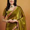 Olive Green Satin Saree with Mirror Work Floral Border and Unstitched Blouse Piece - Mangaldeep NX