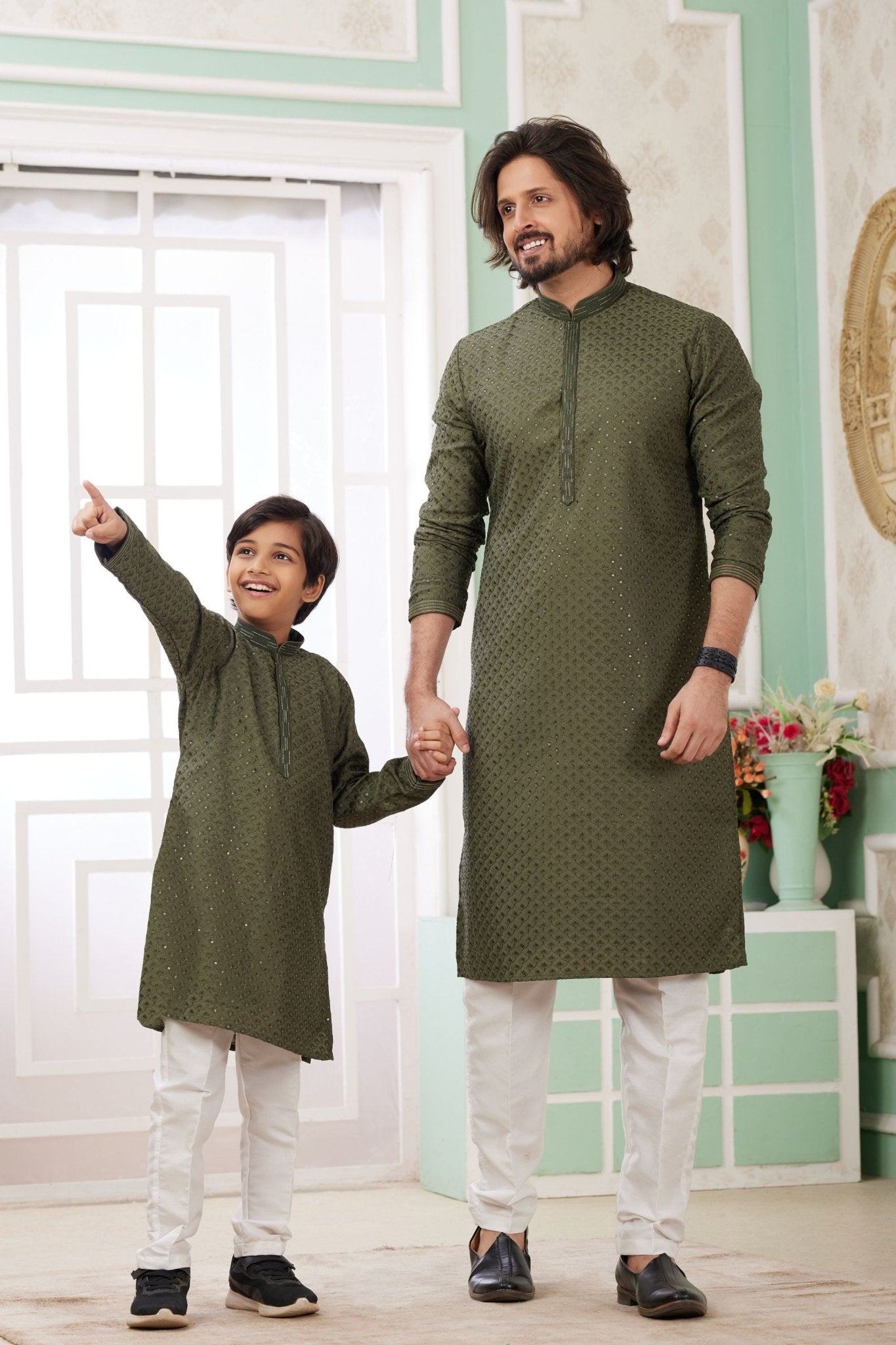 Olive Green Sequin Kurta Pajama Set for Father and Son - Mangaldeep NX