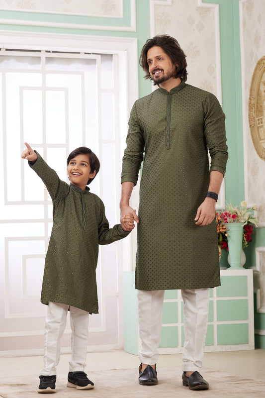 Olive Green Sequin Kurta Pajama Set for Father and Son - Mangaldeep NX