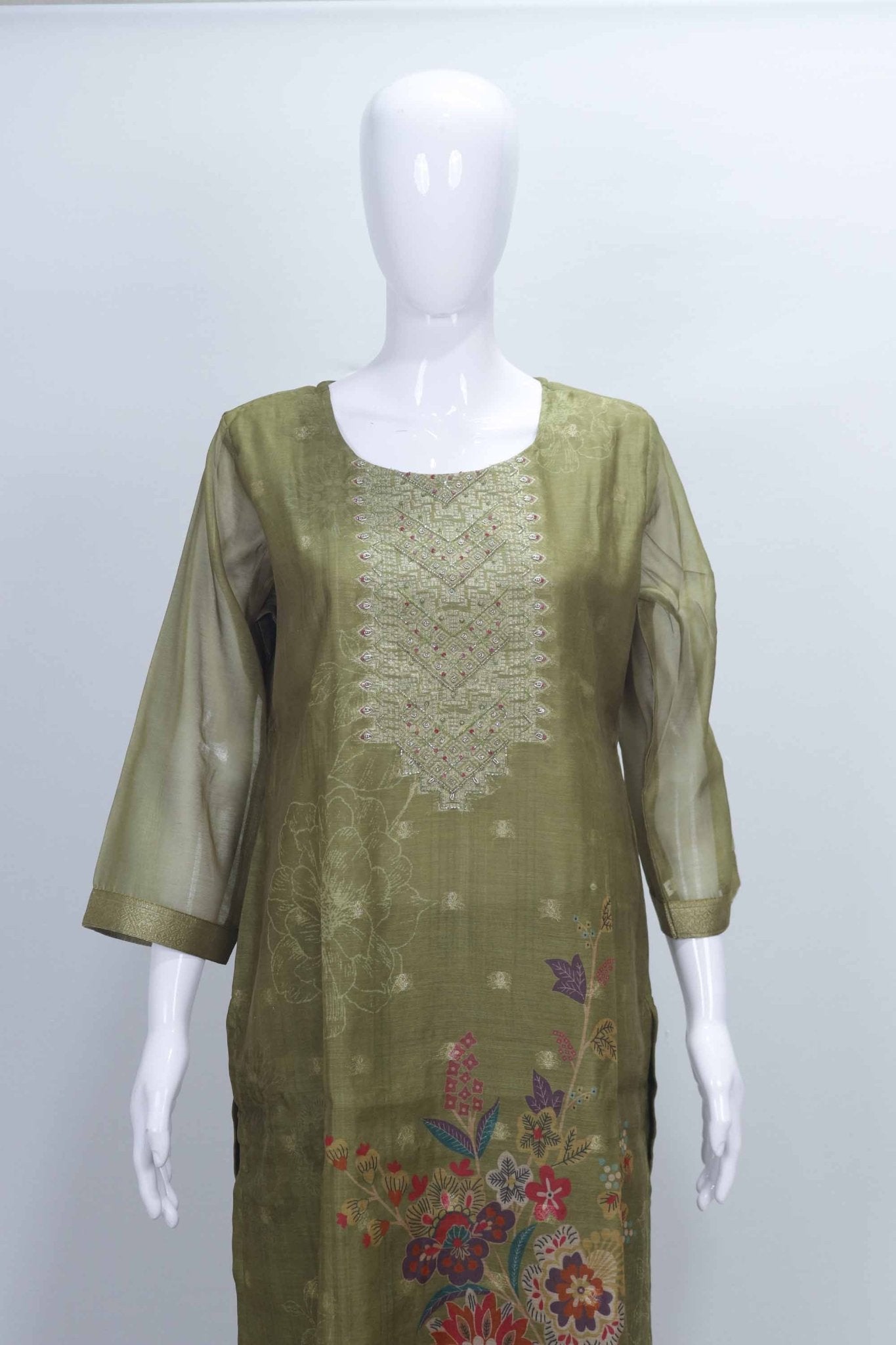 Olive Green Silk Suit with Floral Embroidery and Zari Dupatta - Mangaldeep NX