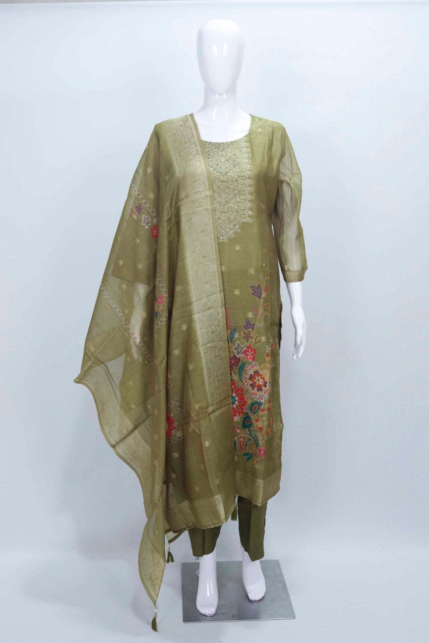 Olive Green Silk Suit with Floral Embroidery and Zari Dupatta - Mangaldeep NX