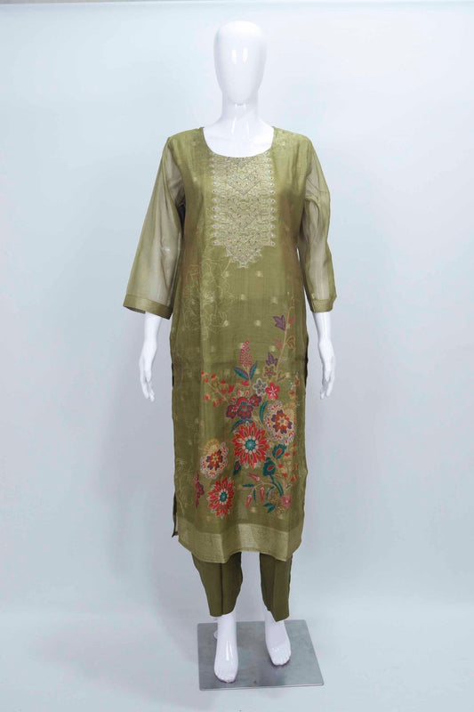Olive Green Silk Suit with Floral Embroidery and Zari Dupatta - Mangaldeep NX