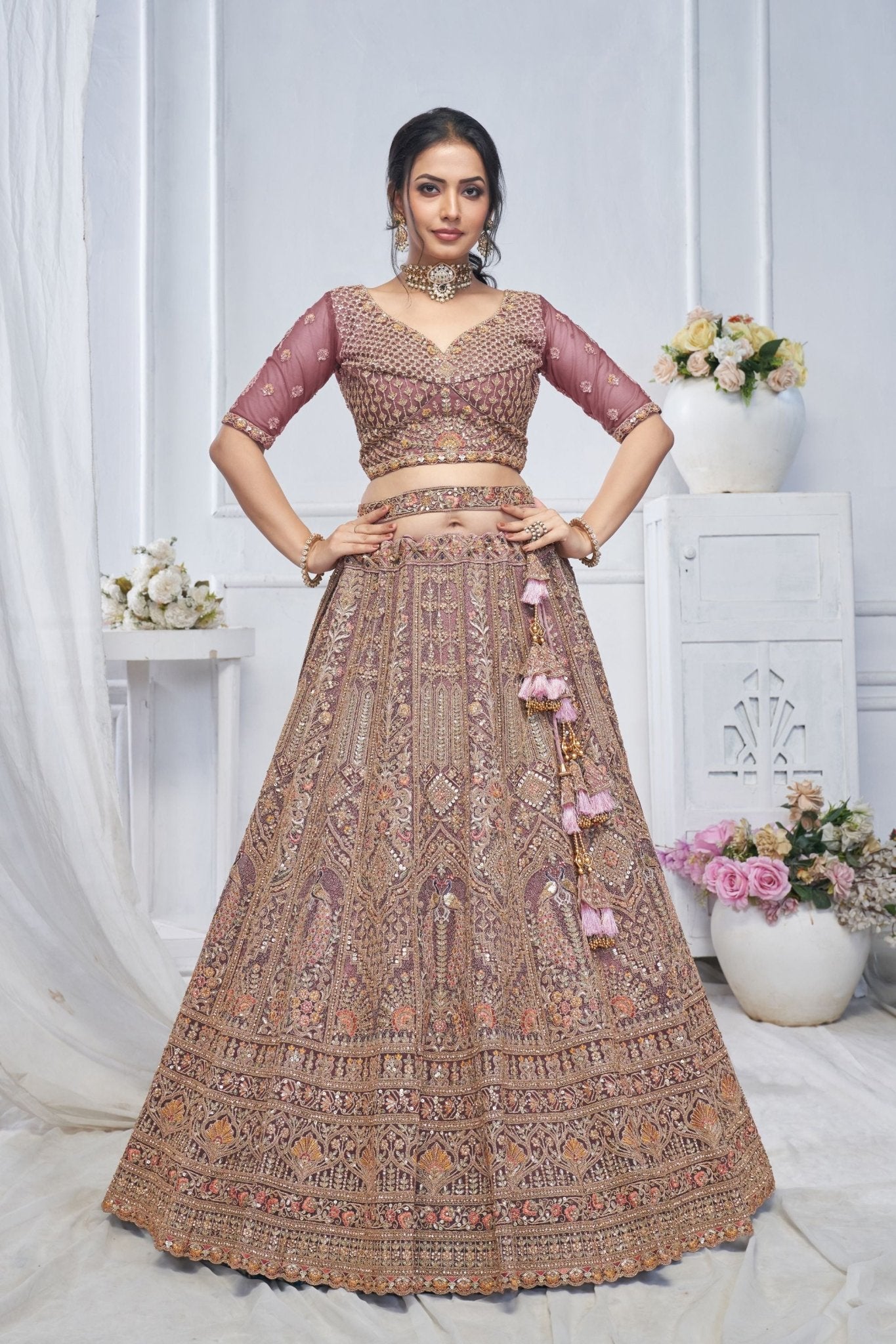 Onion Pink Embroidered Net Lehenga Choli with Sequins, Zari Work & Dupatta - Mangaldeep NX
