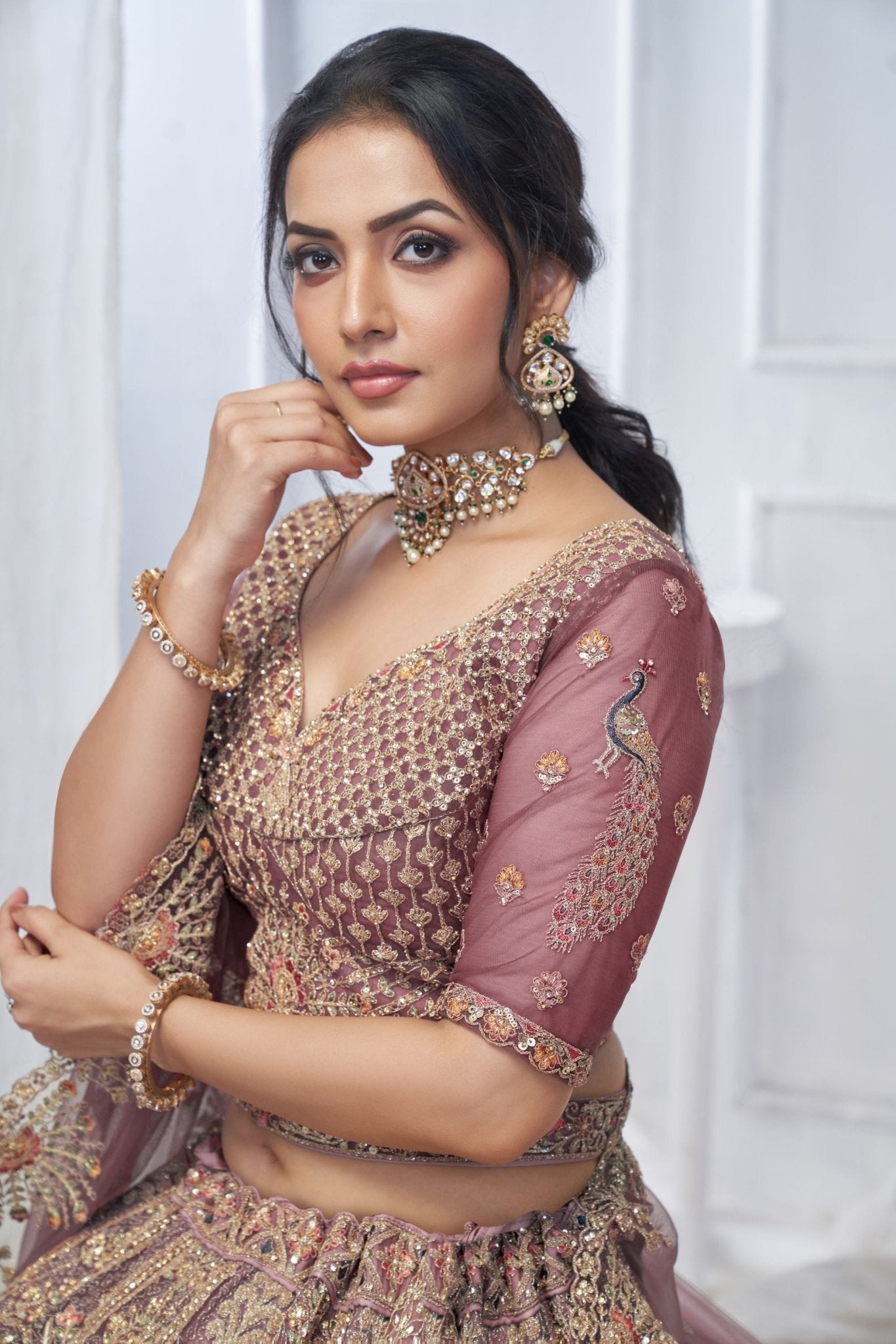 Onion Pink Embroidered Net Lehenga Choli with Sequins, Zari Work & Dupatta - Mangaldeep NX