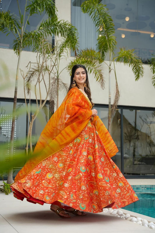 Orange Bandhani Printed Gown with Peacock and Floral Motifs and Yellow - Orange Tie - Dye Dupatta - Mangaldeep NX