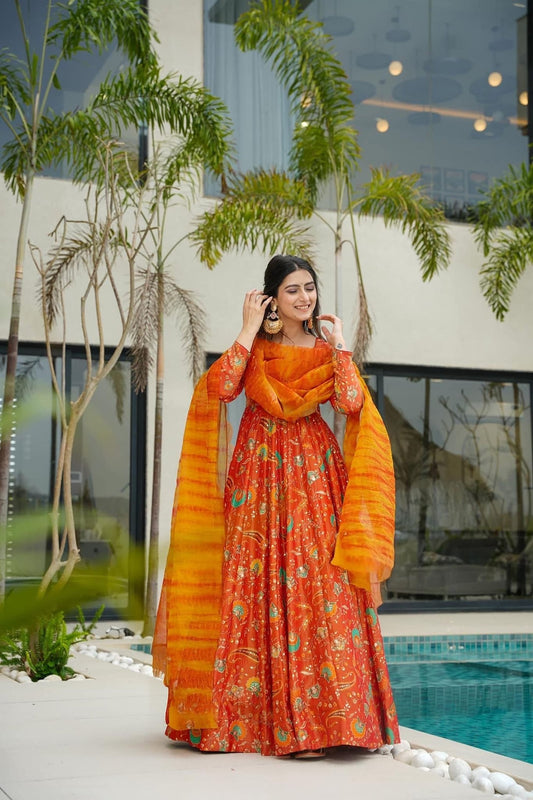 Orange Bandhani Printed Gown with Peacock and Floral Motifs and Yellow - Orange Tie - Dye Dupatta - Mangaldeep NX