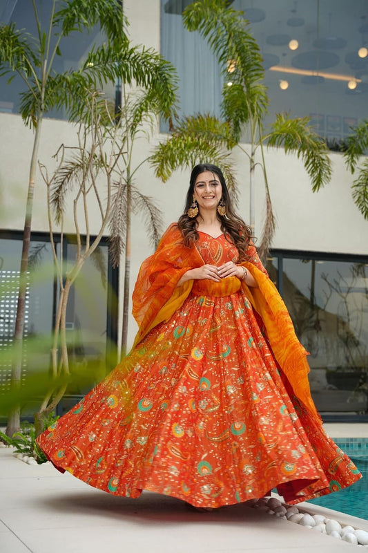 Orange Bandhani Printed Gown with Peacock and Floral Motifs and Yellow - Orange Tie - Dye Dupatta - Mangaldeep NX