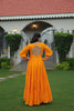 Orange Flared Mirror Work Gown with Multicolor Embroidered Yoke and Long Sleeves - Mangaldeep NX