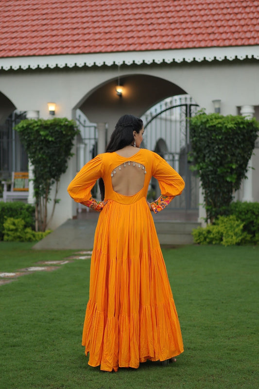 Orange Flared Mirror Work Gown with Multicolor Embroidered Yoke and Long Sleeves - Mangaldeep NX