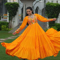 Orange Flared Mirror Work Gown with Multicolor Embroidered Yoke and Long Sleeves - Mangaldeep NX