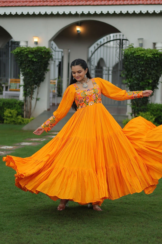 Orange Flared Mirror Work Gown with Multicolor Embroidered Yoke and Long Sleeves - Mangaldeep NX
