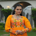 Orange Flared Mirror Work Gown with Multicolor Embroidered Yoke and Long Sleeves - Mangaldeep NX