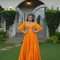 Orange Flared Mirror Work Gown with Multicolor Embroidered Yoke and Long Sleeves - Mangaldeep NX