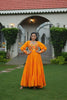 Orange Flared Mirror Work Gown with Multicolor Embroidered Yoke and Long Sleeves - Mangaldeep NX