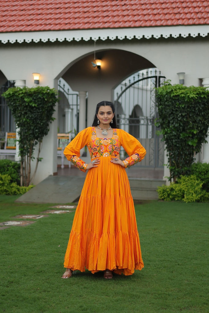 Orange Flared Mirror Work Gown with Multicolor Embroidered Yoke and Long Sleeves - Mangaldeep NX