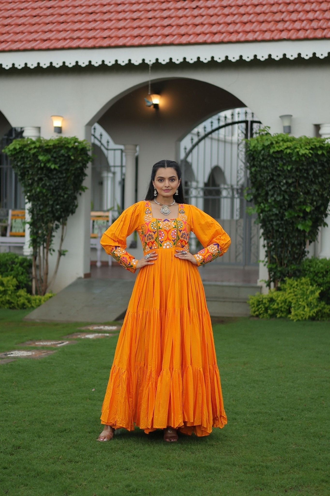 Orange Flared Mirror Work Gown with Multicolor Embroidered Yoke and Long Sleeves - Mangaldeep NX