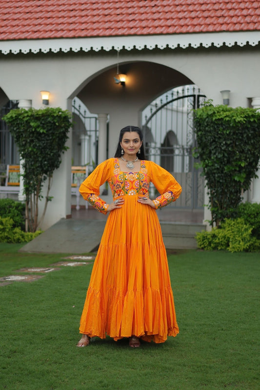 Orange Flared Mirror Work Gown with Multicolor Embroidered Yoke and Long Sleeves - Mangaldeep NX