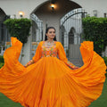 Orange Flared Mirror Work Gown with Multicolor Embroidered Yoke and Long Sleeves - Mangaldeep NX