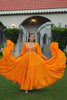 Orange Flared Mirror Work Gown with Multicolor Embroidered Yoke and Long Sleeves - Mangaldeep NX