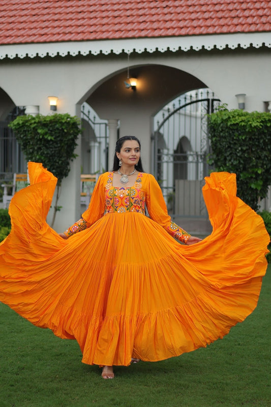 Orange Flared Mirror Work Gown with Multicolor Embroidered Yoke and Long Sleeves - Mangaldeep NX