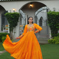 Orange Flared Mirror Work Gown with Multicolor Embroidered Yoke and Long Sleeves - Mangaldeep NX