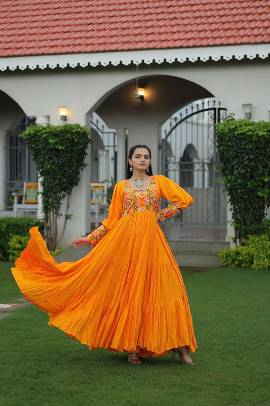 Orange Flared Mirror Work Gown with Multicolor Embroidered Yoke and Long Sleeves - Mangaldeep NX